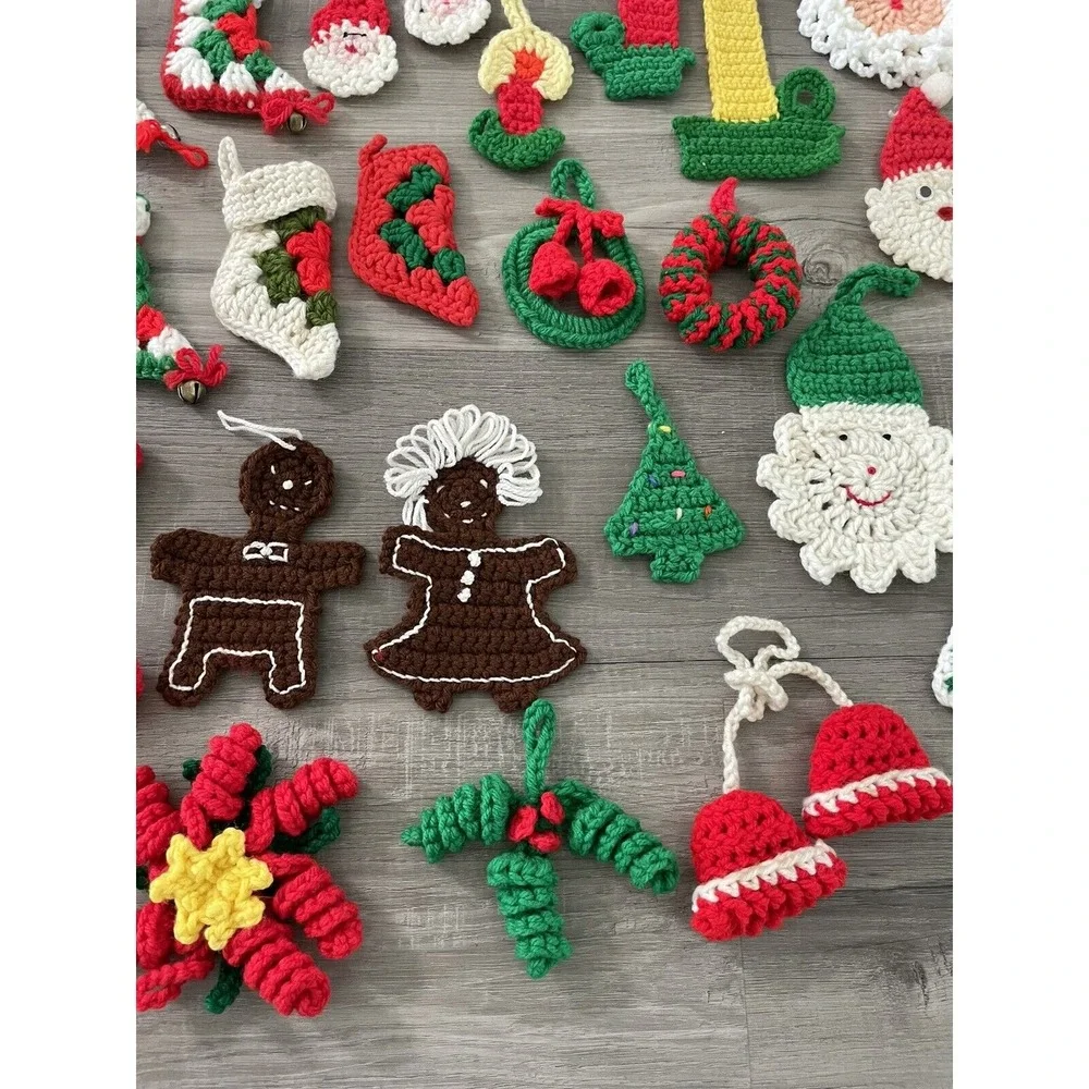 Vintage Lot of 33 Handmade Chrocheted Christmas Ornaments Santas Wreaths Candles